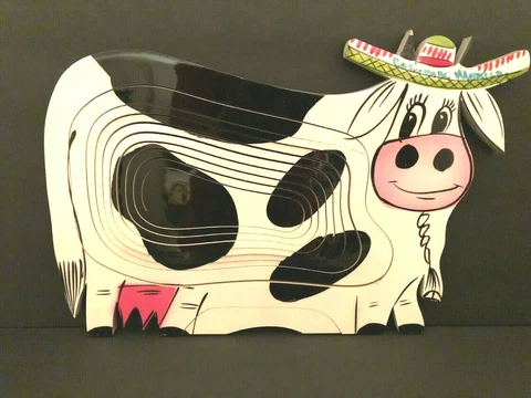 Collapsible  wooden Cow basket, Cozumel Mexico, spiral cut, whimsical sombrero Cover
