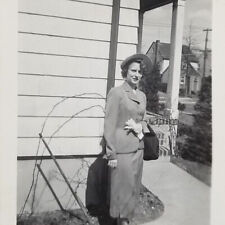 Snapshot Photograph Woman Wearing Two Piece Skirt Suit Hat Fashion 1951