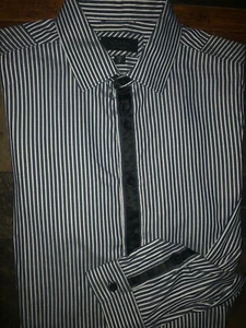 Mens Guess Long Sleeve Navy & White Striped Button Up Shirt Medium - EUC - Picture 1 of 3