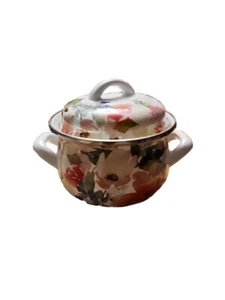 CROFTON Casserole Dish & Lid 1Qt Enameled Steel Floral 2 Piece Pam Pot Set - Picture 1 of 6