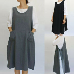 Women Cotton Dress Casual Apron With Pockets Japanese Style Pinafore Dress AU!