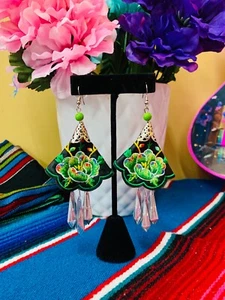 Mexican Ethnic Dangle Earrings | Handcrafted | Assorted Colors, Embroidered - Picture 1 of 3