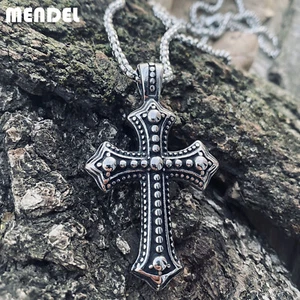 MENDEL Mens Biker Catholic Cross Pendant Necklace For Men Ashes Stainless Steel - Picture 1 of 6