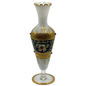 Bohemian White Art Glass Hand Blown Hand Painted Applied Flowers Gilded Vase - Picture 1 of 11