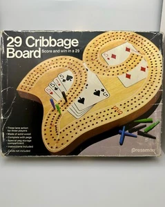 VTG Cribbage Board 29 Shaped Large 3 Lanes Includes Pegs Deck Of Cards W/ BOX - Picture 1 of 4