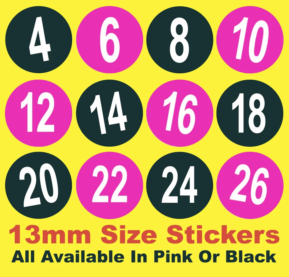 Pegatinas tamaño ropa 13 mm para minoristas etiquetas adhesivas 8 10 12 14 16 18 20 22 24 Foto 1 de 1