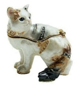 Jeweled Enameled Pewter White Cat Hinged Trinket Jewelry Box by Terra Cottage - Picture 1 of 3