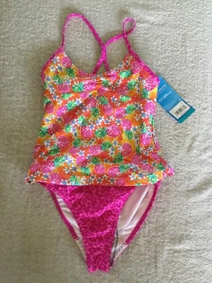 Speedo Girl's 2 Piece Tankini Swimsuit Racerback Orange Pink Multi 12 14 16 NWT! - Image 1 of 4