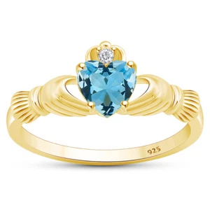 Claddagh Ring Heart Cut Simulated Aquamarine in 14k Yellow Gold Plated Sterling - Picture 1 of 6