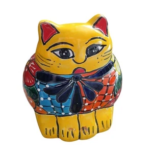 Vintage Talavera Fat Cat Colorful Planter Animal Kitty Pot Drain Hole 8.25"T - Picture 1 of 9