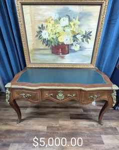 French Louis XIV Style Mahogany & Figural Ormolu Leather Top Three-Drawer Desk - Picture 1 of 5