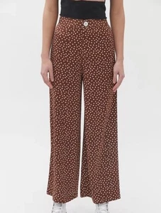 URBAN OUTFITTERS Olympia Satin Wide Leg Pants Small Brown Polka Dot High Rise - Picture 1 of 13