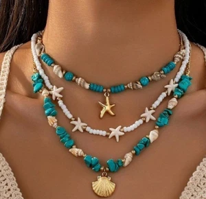Zara 18K Gold plated 3 layers turquoise stones starfish scallop shell necklace - Picture 1 of 5