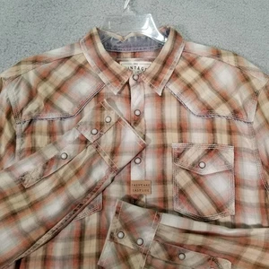 BKE Vintage Mens L Long Sleeve Western Shirt Pearl Snap Brown Plaid Athletic Fit - Picture 1 of 15