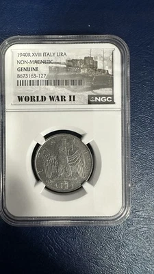 Moeda de 1 lira 1940 R XVIII NGC genuína - Itália Segunda Guerra Mundial #56921B - Imagem 1 de 2
