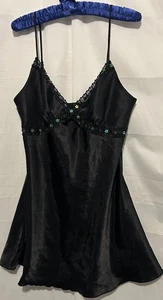 Shirley Satin Chemise Gown L Black Silky Beads Sequins Nightgown Slip Lingerie - Picture 1 of 4