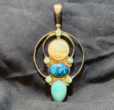 Sajen Sterling Silver Pendant Carved Glass Face w/ Turquoise Cabochons Artisan J - Image 1 of 4