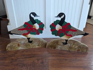 Juego de gansos de Navidad pintados a mano vintage gansos de campo 12x14" decoración popular hecho a mano - Imagen 1 de 16