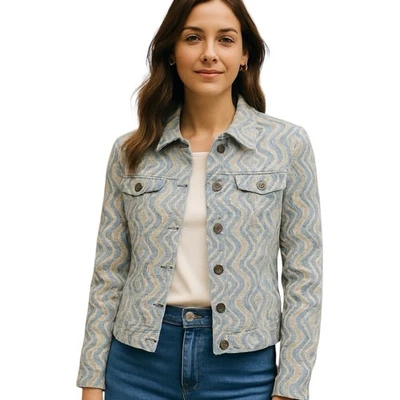 Chaqueta Tapiz Ondulada Talla XL Azul Beige Mezcla Algodón Botón Frontal Retro Arte Boho Foto 1 de 4