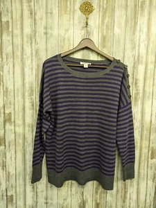 Coldwater Creek Merino Wool Sweater Purple Gray Striped Button Shoulder Medium - Picture 1 of 11
