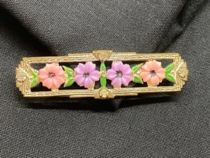 Vintage Plastic Floral Flower Metal Bar Rhinestone C Clasp Brooch Pin 2 1/4" - Picture 1 of 4