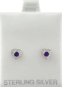 LAB CREATED AMETHYST HEART STUD EARRINGS .925 SILVER - Screw Backs - NWT - Picture 1 of 2