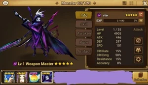 SW SummonerWar EUROPA Dark Weapon Master Maximilian + Wind Polarkönigin + 200 Schriftrollen - Bild 1 von 2