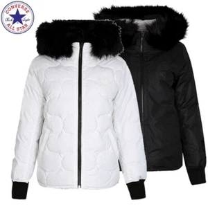 Converse Down Jacket Women Winter Fur Reversible Quilted Jacket Black White - Picture 1 of 9
