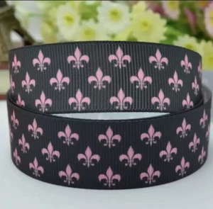 7/8” Black With Pink Fleur De Lis Grosgrain Ribbon BTY By The Yard - Picture 1 of 1