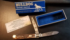 BULLDOG Genuine STAG TRAPPER KNIFE w/ Railroad, Indian Colored Blade Etch M.I.B! - Picture 1 of 12