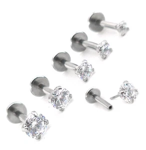 Threadless CZ Stud Flat Back Stainless Earrings - 16g 18g Labret Nose Stud Ring - Picture 1 of 3