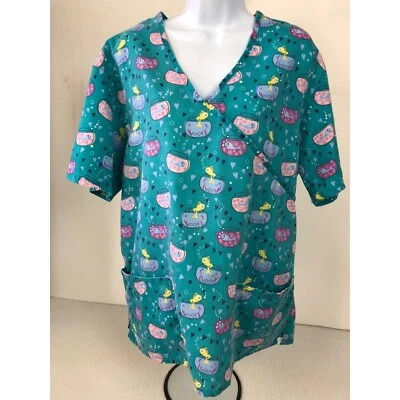 Carols Scrubs Womens Scrub Top Size M Blue w Fish Bowls Pockets Short Sleeves - Image 1 of 4