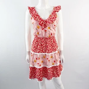 ASOS Red Pink Floral Apron Mini Dress Size 4 V-Neck Ruffles Cottagecore Farmcore - Picture 1 of 11