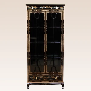 Chinese Bookcase Display Cabinet Lacquer Chinoiserie Ebonised Oriental Slim - Picture 1 of 15
