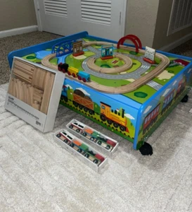 inc. 62 Pc Wooden Train Set with Activity Table/Trundle, Wood Train Track, Ov... - Picture 1 of 5