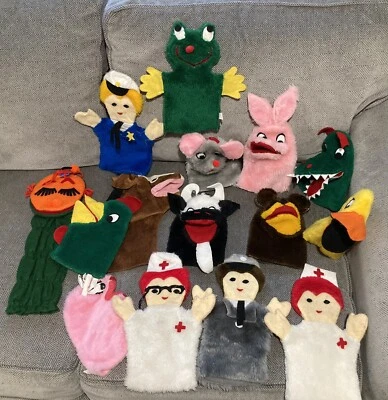 Vintage Plush & Felt Hand Puppets Lot Of 16, Cute Kitszy Nurse Duck And More - Image 1 of 4