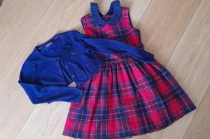 GIRLS NAVY BLUE & RED TARTAN CHECK DRESS & NAVY CARDIGAN - TOMMY HILFIGER 6 (S) - Picture 1 of 9