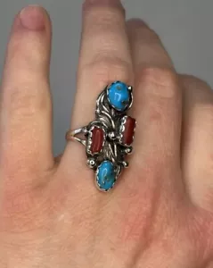 Navajo Sterling Silber Türkis Koralle Ring Vintage Native American Groß Alt - Bild 1 von 5