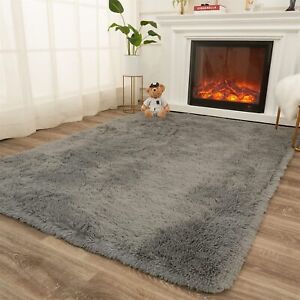 AMTOVO Shag Area Rugs for Bedroom, Black Fluffy Rug Plush Living Room Carpet 8 x