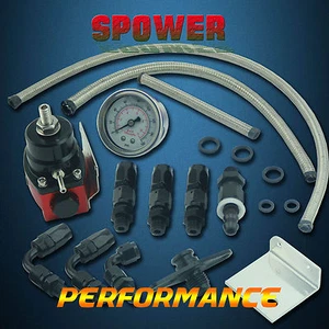 Universal Adjustable Fuel Pressure Regulator Gauge Kit Fittings Black & Red New - Picture 1 of 6