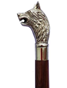 Unique Edwardian Brass Antique Wolf Head Wooden Walking Stick Jogging Cane - Picture 1 of 3