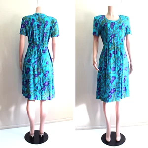 Vintage Aloha Dress 10 M 10P Aqua Floral Rayon Tie Back Knee SS Betsys Things - Picture 1 of 8