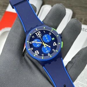 NEW✅ Swatch Chrono BLEU SUR BLEU Navy Blue Date Dial Mens Silicone Watch SUSN409 - Picture 1 of 16