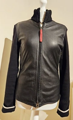 Prada Sport Black Leather Wool Biker Jacket UK10 TG42 - Image 1 of 4