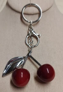 Cherry Bag Charm Keychain Red Resin & Silver Tone Keyring Key Women's Accessory - Picture 1 of 1