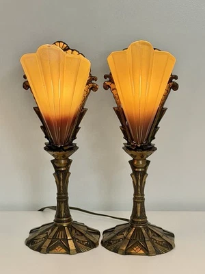 Vintage Pair 1930's Midwest Soleure Art Deco Slip Shade Bronze Mantle Lamps RARE - Image 1 of 4
