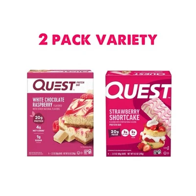 (Paquete de 2) Barritas Proteicas Quest, Pastel Corto de Fresa y Chocolate Blanco Frambuesa Foto 1 de 4