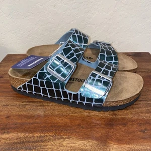 Birkenstock Arizona Sandals Metallic Green Gator Gleam Two Strap 37 Women - Picture 1 of 8