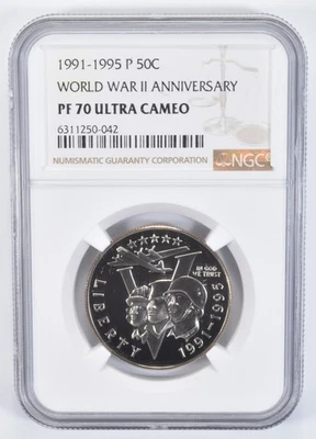 1991-1995-P World War 2 WWII Commemorative Half Dollar PF70 UCAM NGC *8714 - Image 1 of 4