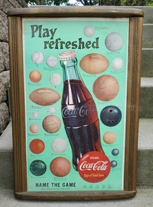1958 COCA COLA "PLAY REFRESHED" SPORTS BALLS CARDBOARD POSTER W/ORIGINAL FRAME - Picture 1 of 3